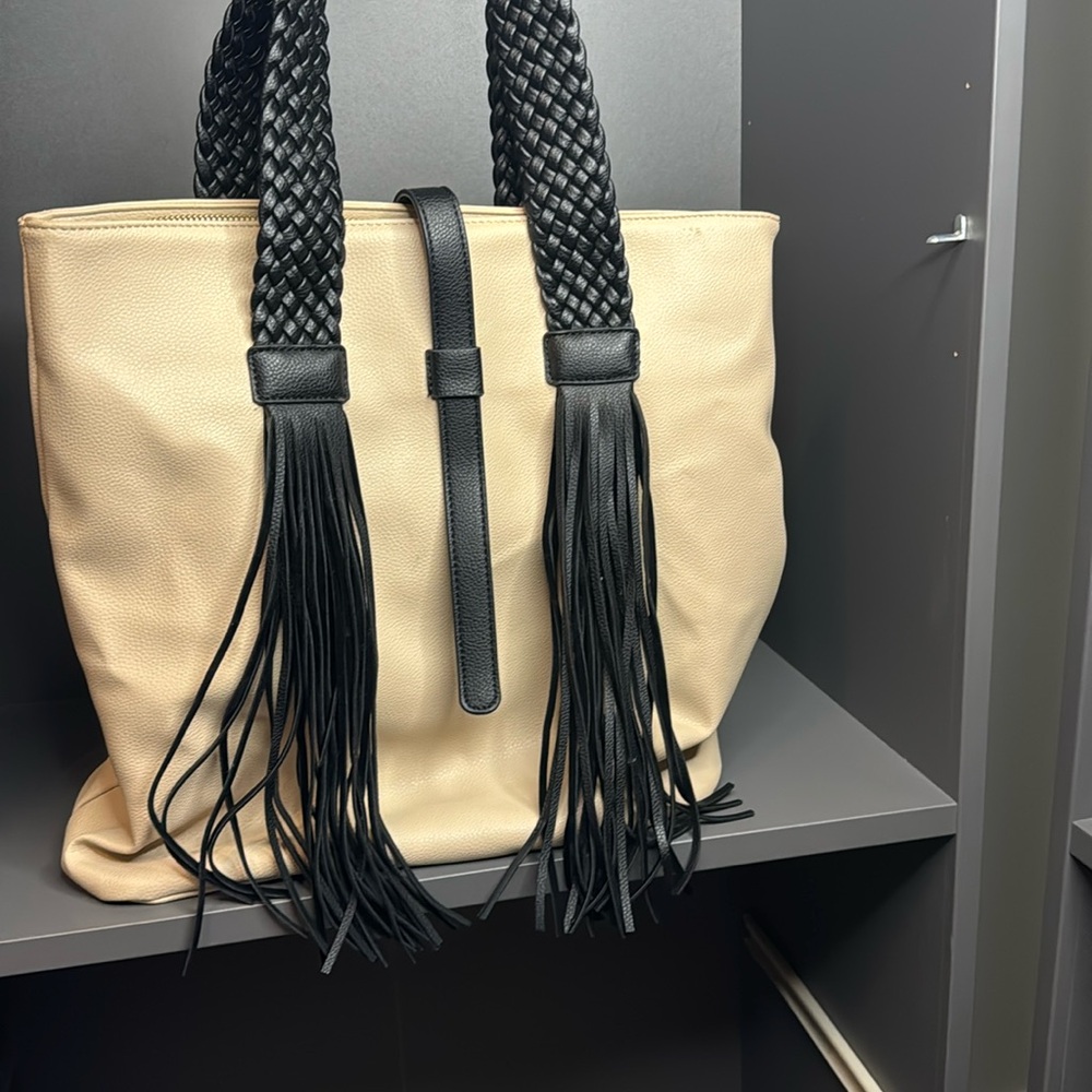 LIONEL Beige & Black Fringe Faux Leather Tote Satchel Handbag, 13.5" x 14.5"